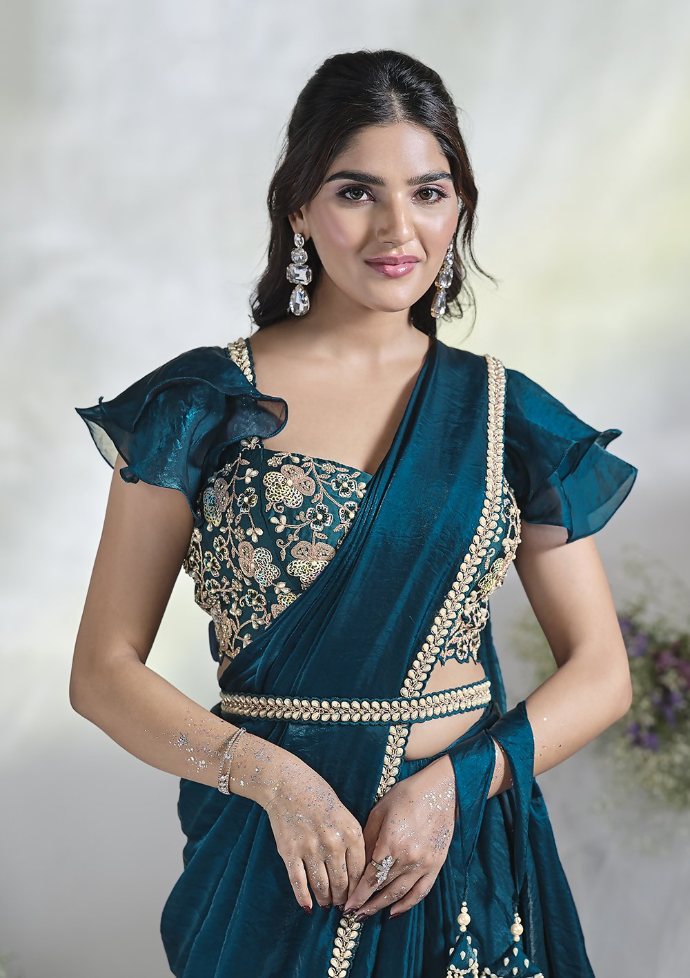 Teal Blue Two Tone Satin Silk Designer Ready to wear saree with stithced Blouse - Mohmanthan Aura | Swadesiicart