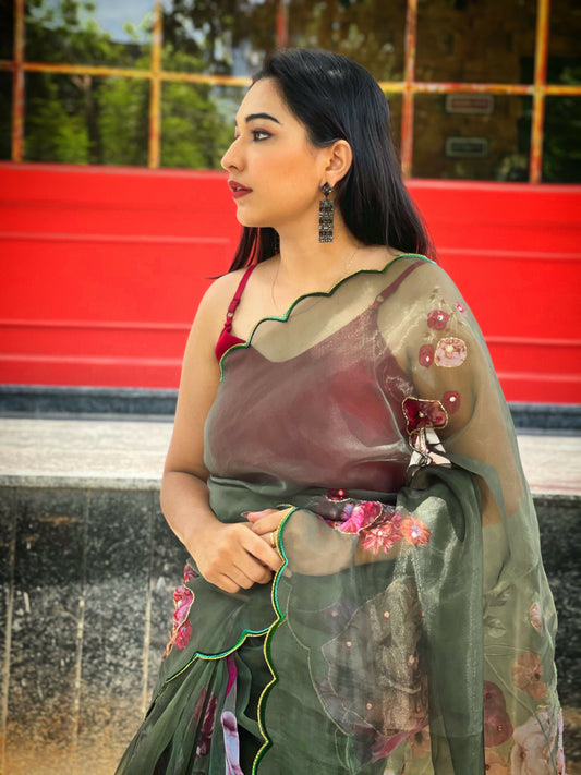 Vamsee Brijbala Green Organza Saree - Swadesiicart