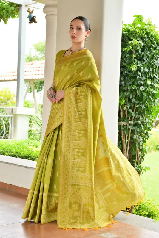 Vishnu Weaves Women's Mahendi Handloom Raw Silk Thread Weaving Saree with Blouse - Swadesiicart