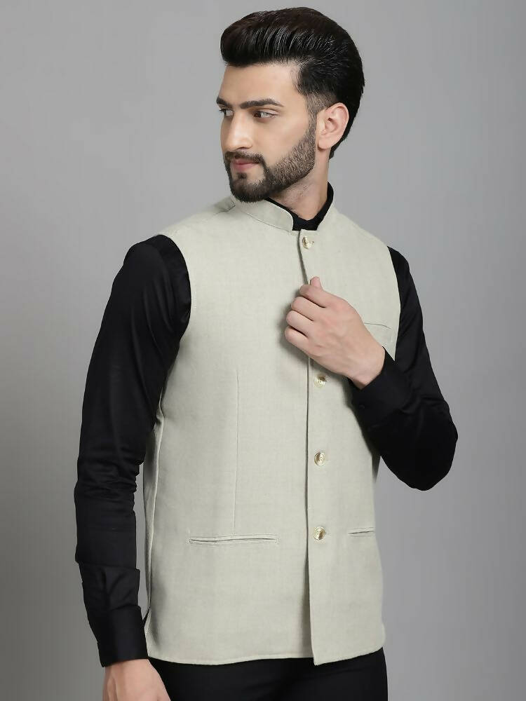Even Apparels Self-Design Waistcoat With Welt Pockets - Beige | Swadesiicart
