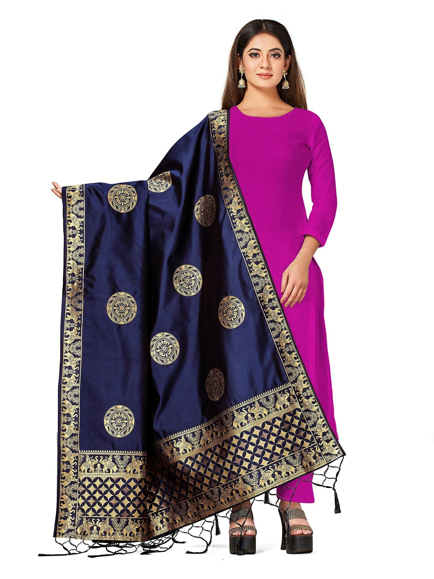 Mimosa Women's Banarasi Art Silk Navy Dupatta | Swadesiicart