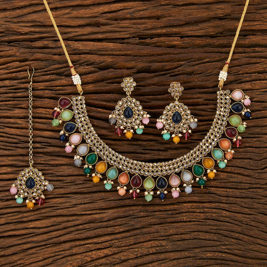 Joban Fashion Women Golden White Multi Polki Necklace Set With Earrings - Swadesiicart