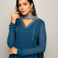 FIORRA Women's Teal Blue Creap A-Line Kurta Pant With Dupatta - Swadesiicart