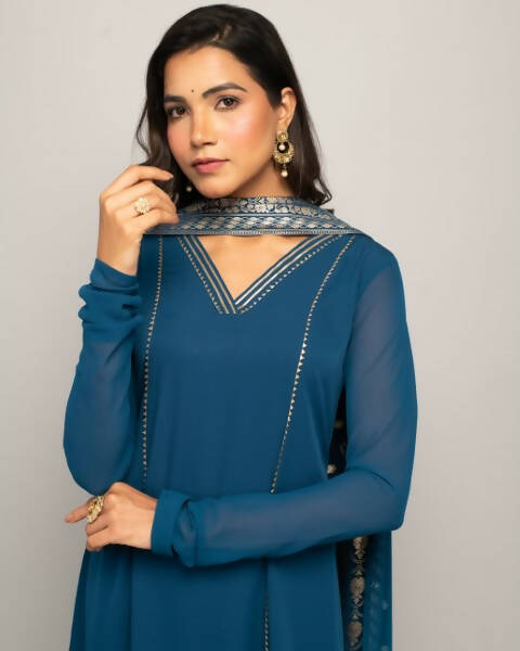 FIORRA Women's Teal Blue Creap A-Line Kurta Pant With Dupatta - Swadesiicart