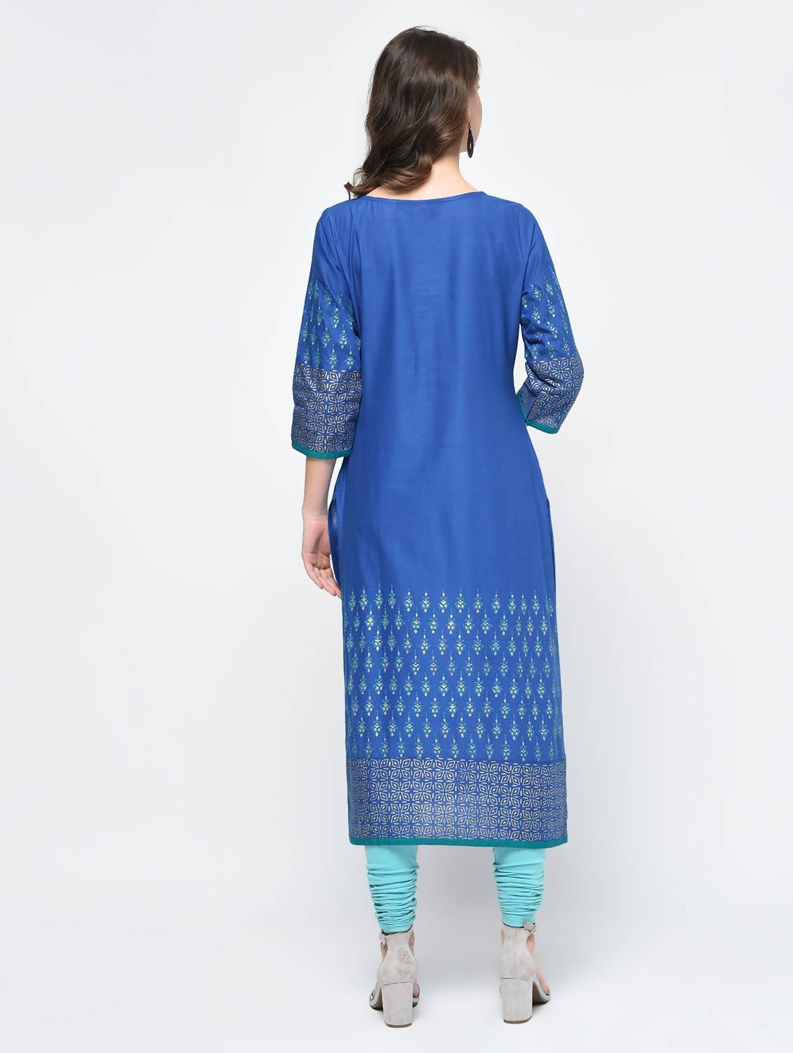Indian Clothing Cheera Hand Block Print Royal Blue Color Straight Kurta | Swadesiicart