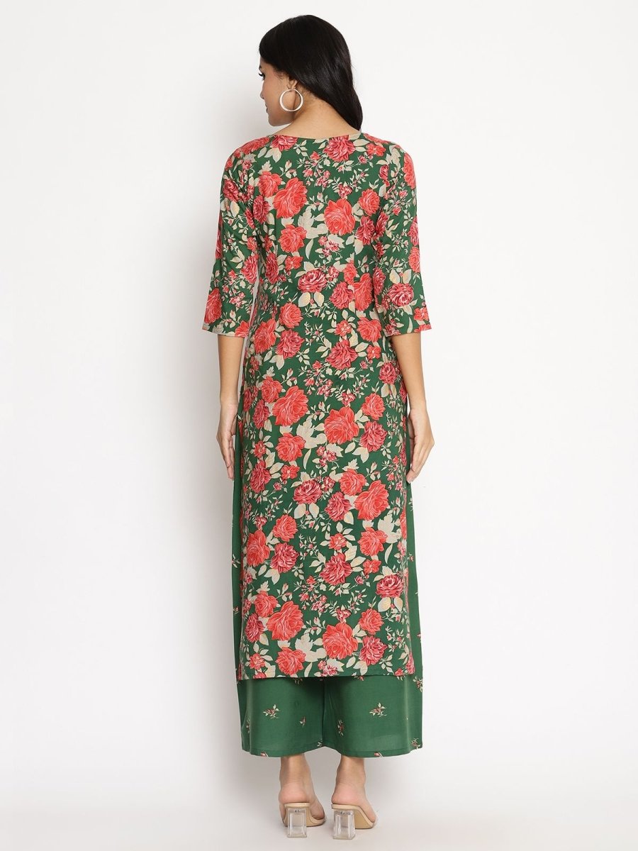 Ahalyaa Women's Green Rayon Printed Kurta Palazzo Set | Swadesiicart