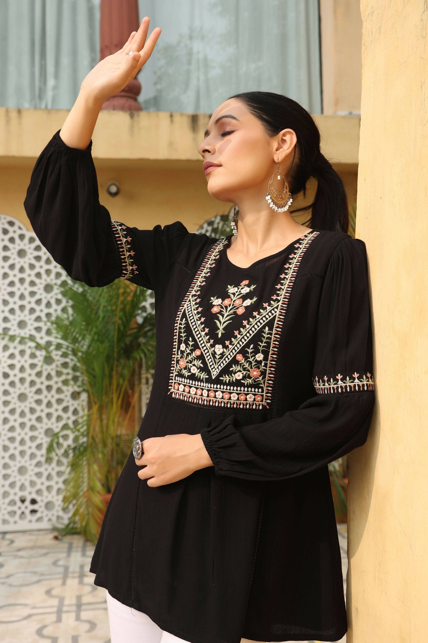 Juniper Women's Black Rayon Crepe Solid With Embroidery Straight Tunic | Swadesiicart