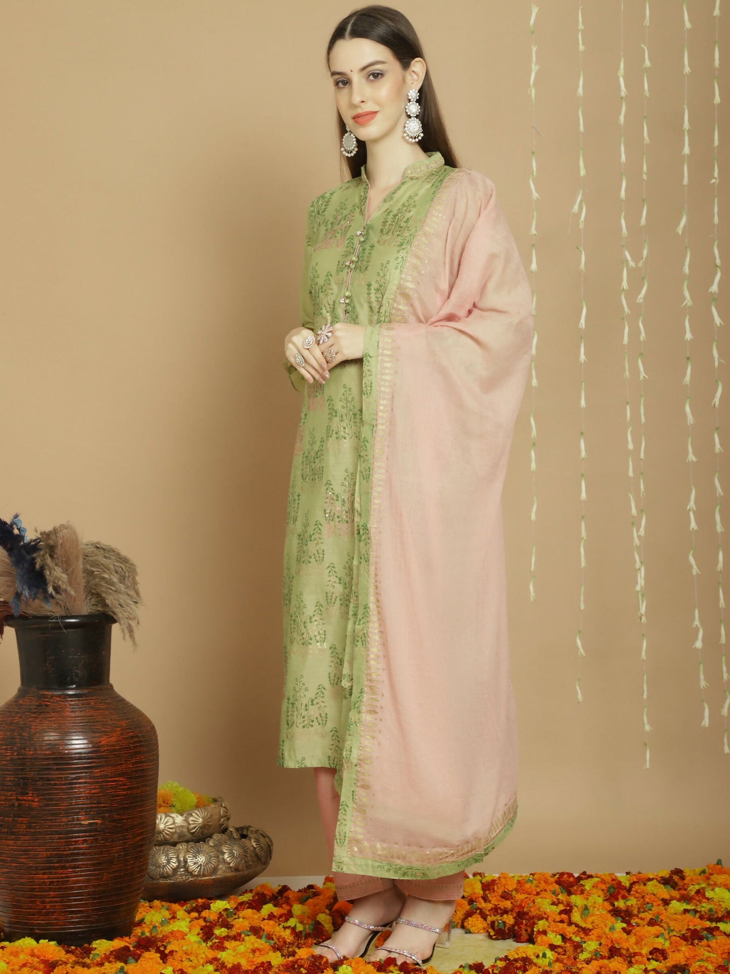 Jyoti Fashion Women's Green Chanderi Silk Elegant Jardoshi Semi Kurta with Trouser & Dupatta | Swadesiicart