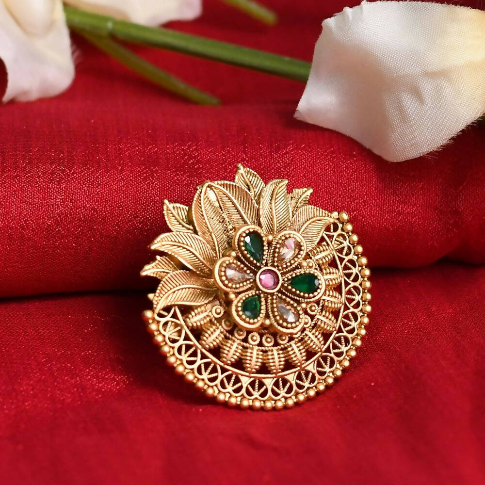 Mominos Fashion Joharkamal Gold-Polished Stone Studded Adjustable Finger Ring - Design 17 | Swadesiicart