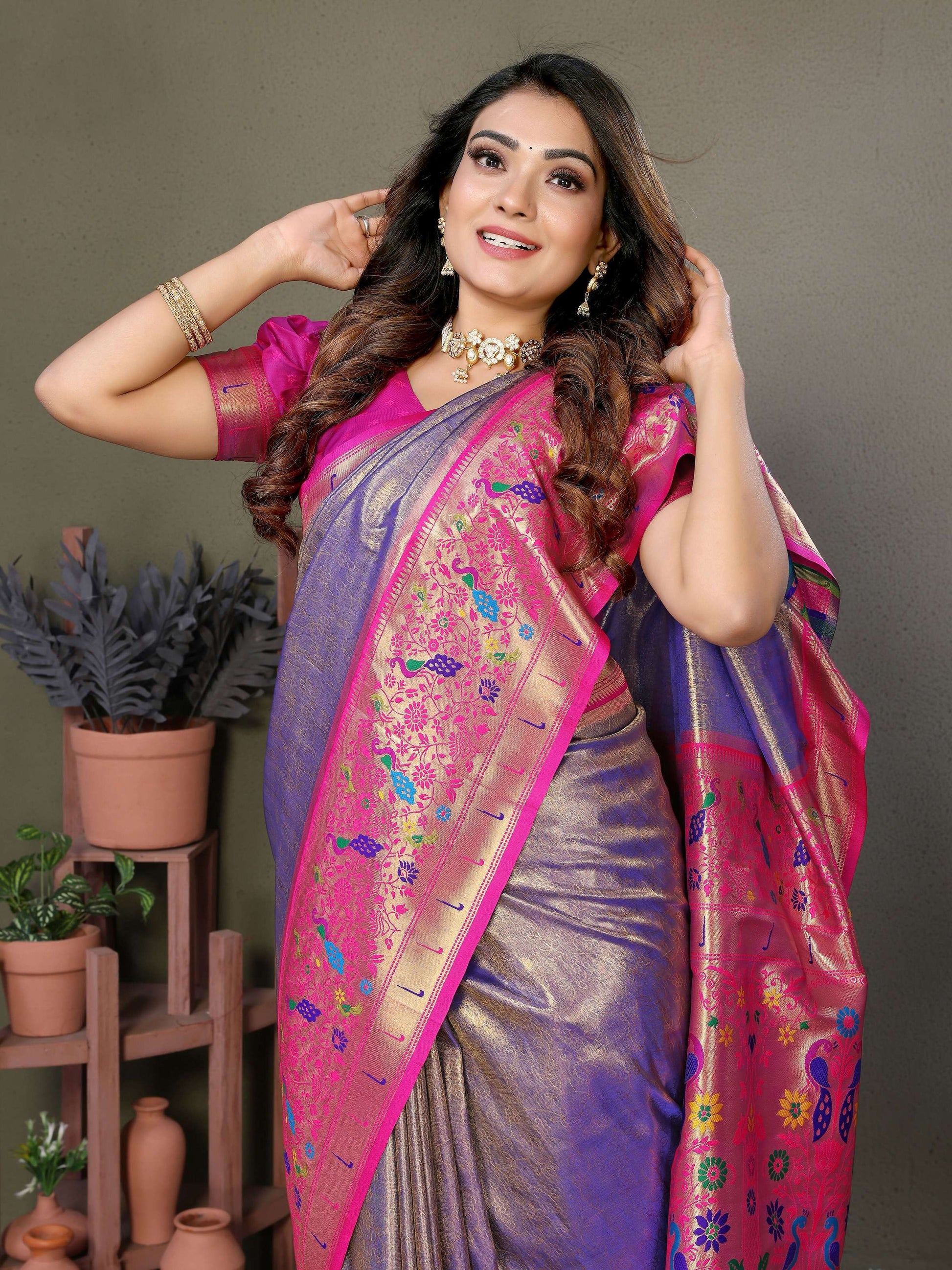 Aastha Fashion Purple Tissue Silk Paithani Woven Saree