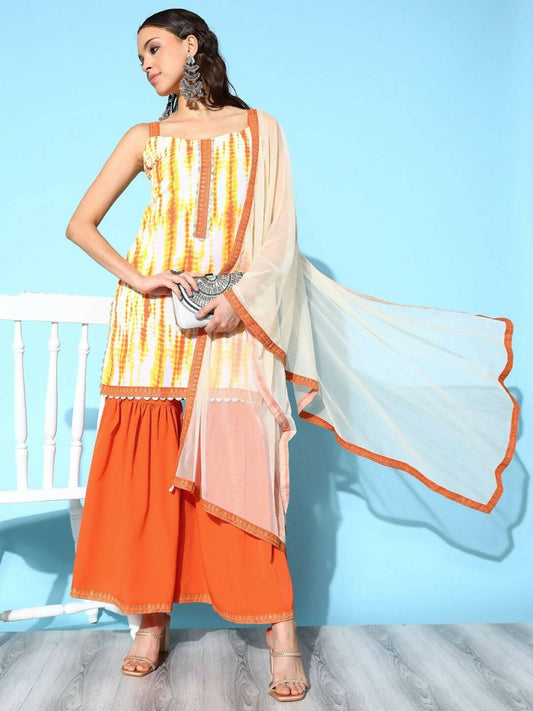 Ahalyaa Women's Orange Crepe Printed Kurta Sharara Set With Dupatta | Swadesiicart