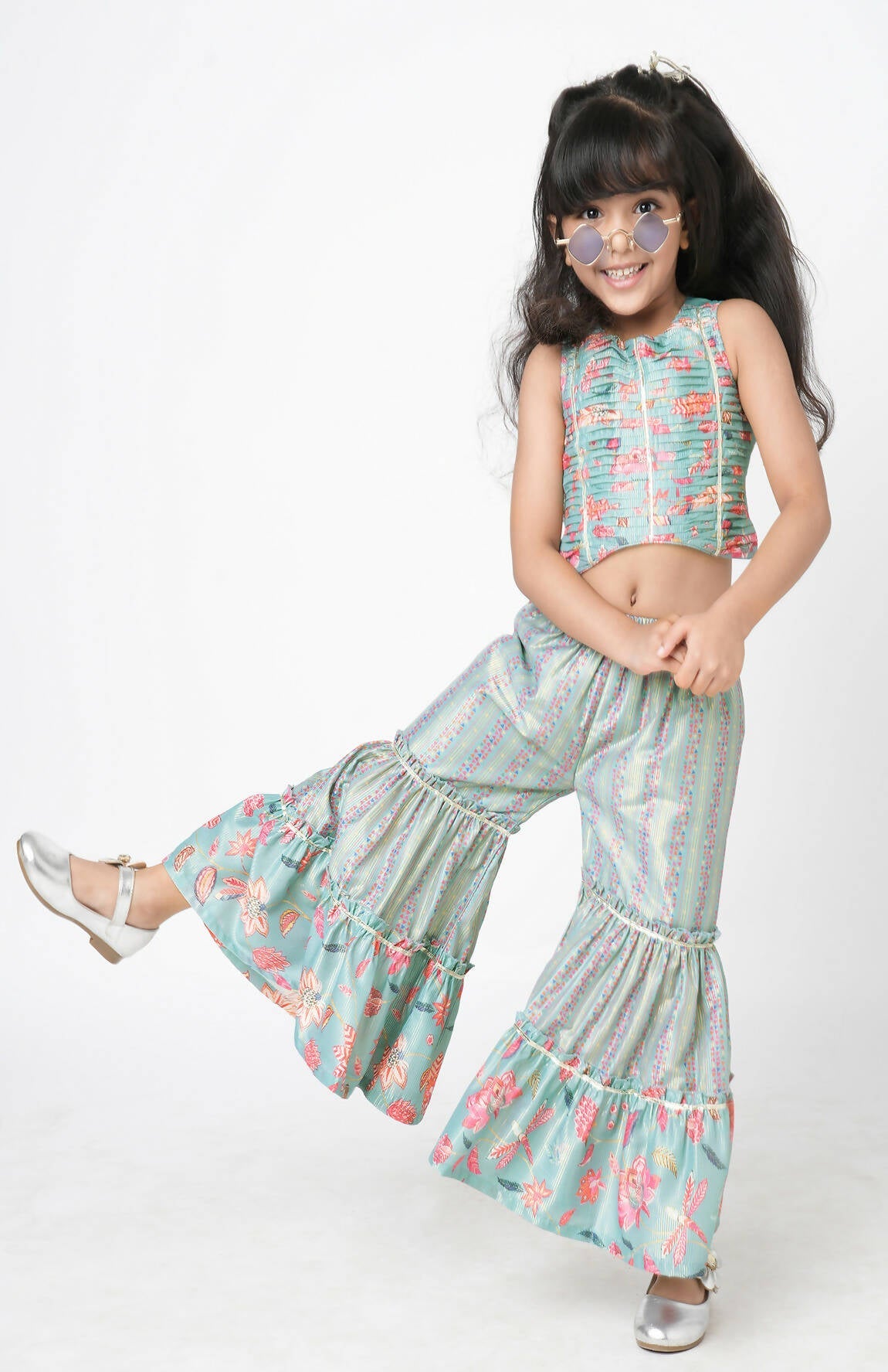 Lil Drama Golden Weaves Blue Crop Top With Palazzo Co-Ordinate Set - Swadesiicart