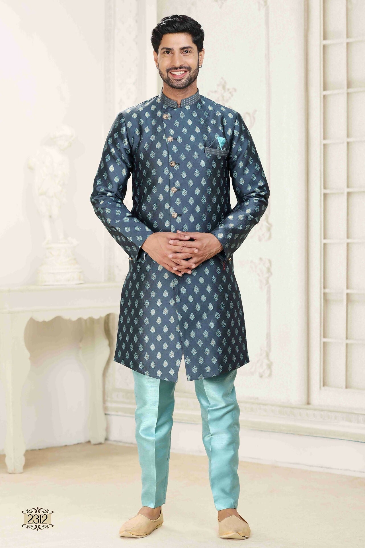 Raivat Ethnic Banarasi Jacquard Embroidery Semi Indo Western Sherwani In Grey Blue Colour | Swadesiicart