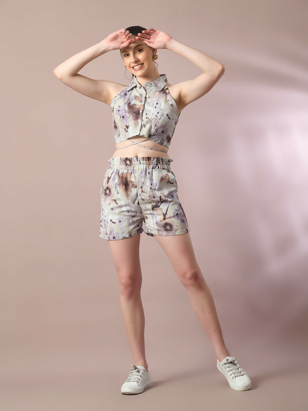 Myshka Women's Multi Printed Shirt Collar Party Top With Shorts Co-ord set - Swadesiicart