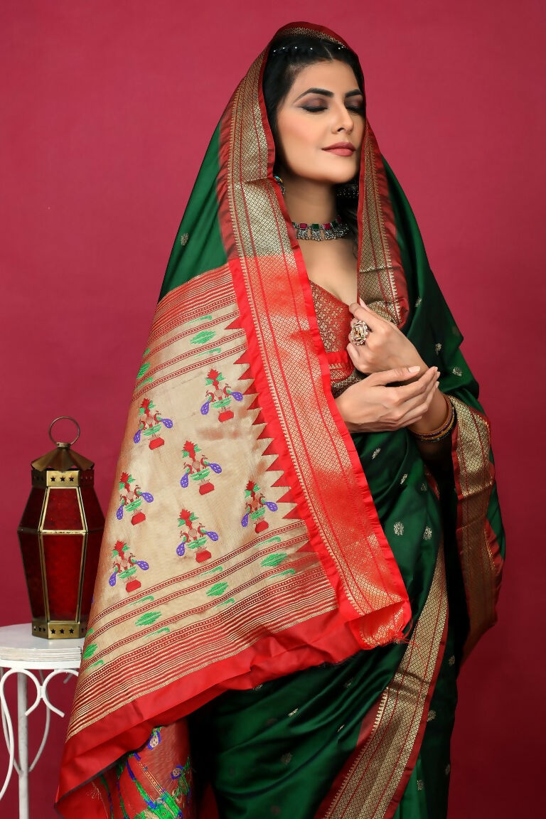 Jyoti Fashion Women's Bottle Green Paithani Silk Zari Woven Saree with Blouse | Swadesiicart