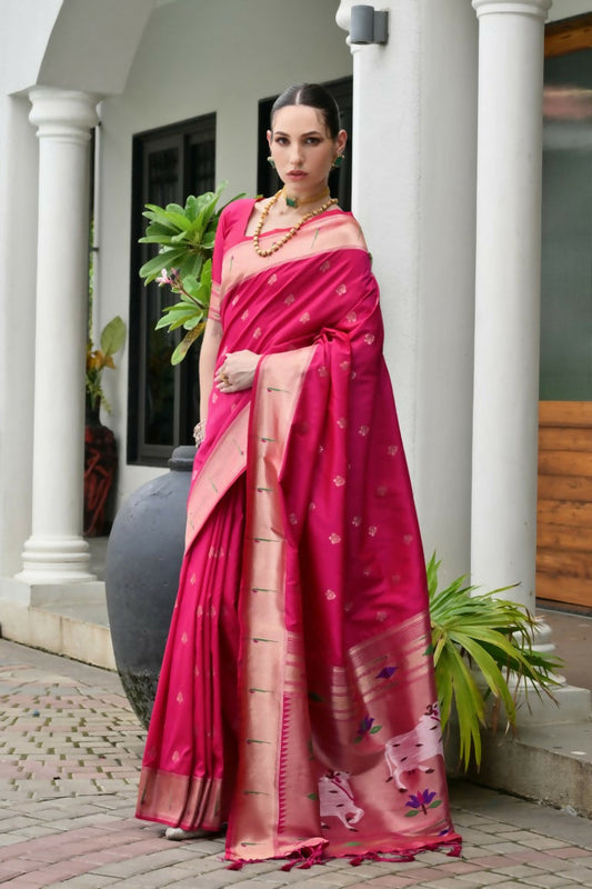 Vishnu Weaves Women's Pink Paithani Silk Zari Woven Saree with Blouse - Swadesiicart