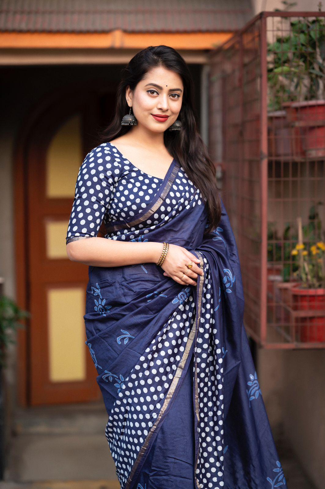 Blue Pure Chanderi Hand Block Saree with Unstitched Blouse - Hiral Fashion | Swadesiicart