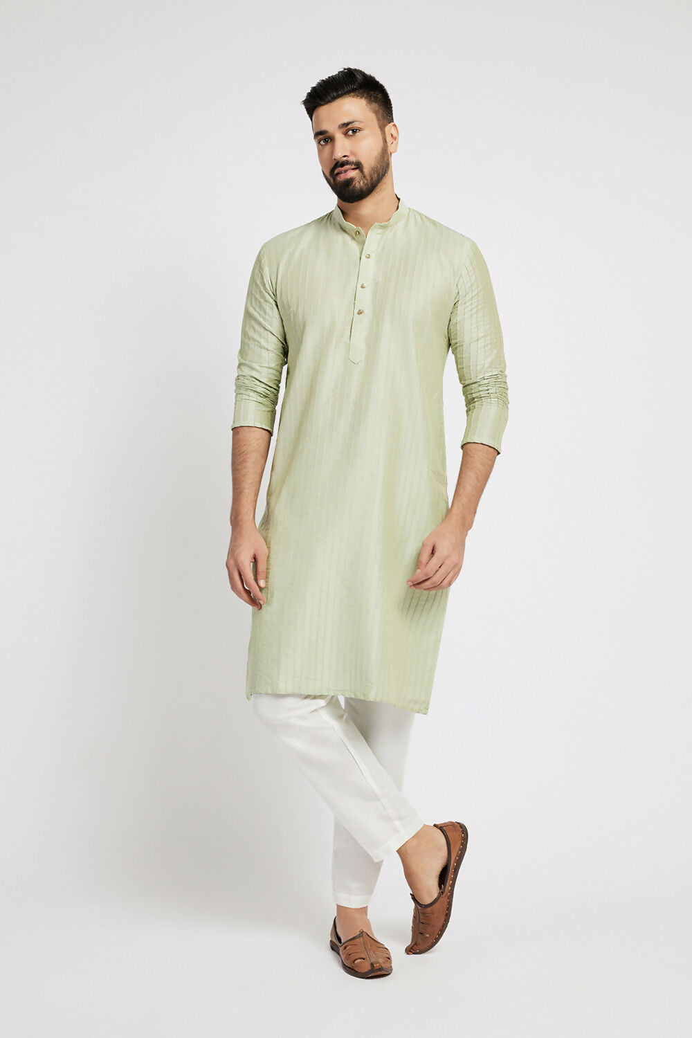Ethnic India Green Men's Kurta Striped Polyester | Swadesiicart
