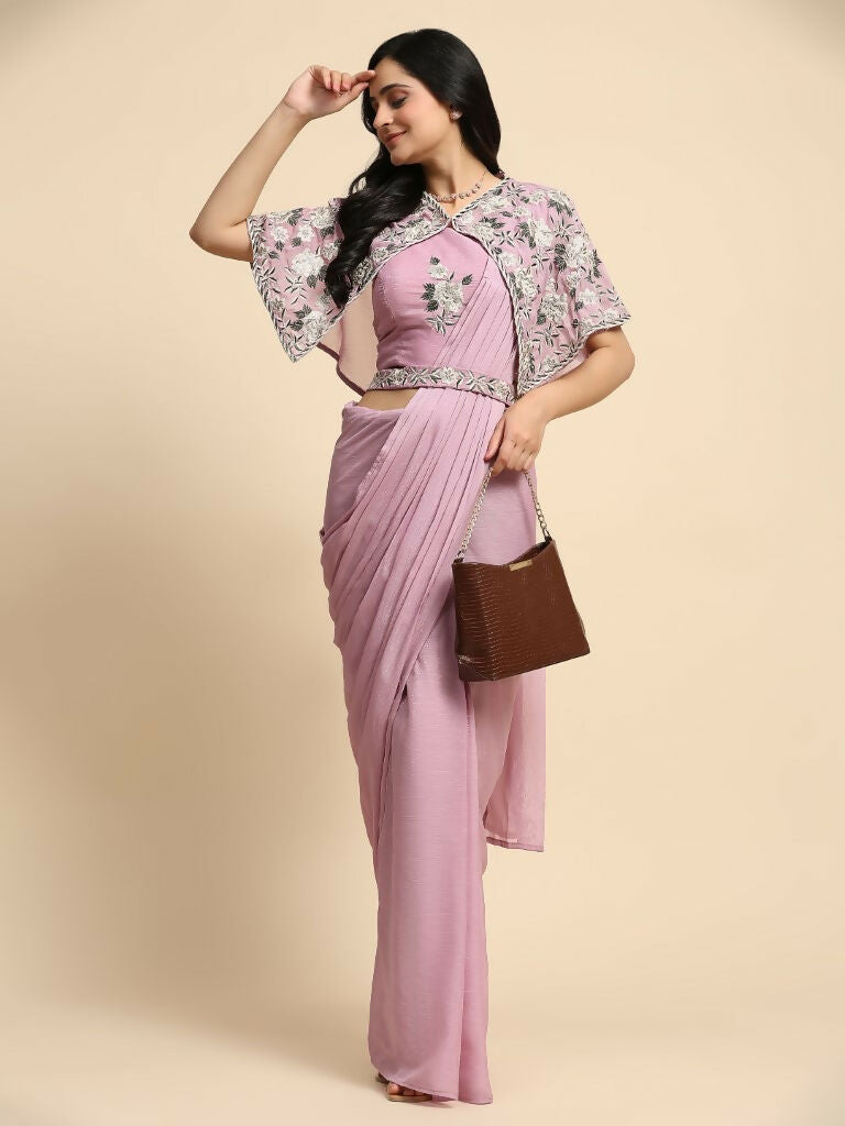 Pink Chiffon Solid Ready to wear Saree with stitched Blouse - Aayan | Swadesiicart