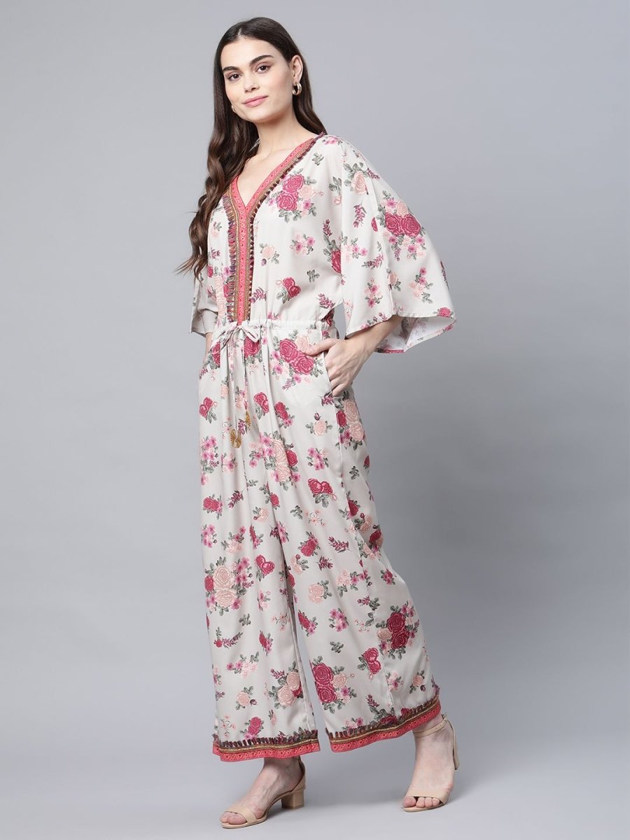 Ahalyaa Womens Beige Crepe Digital Floral Print Jumpsuit - Swadesiicart