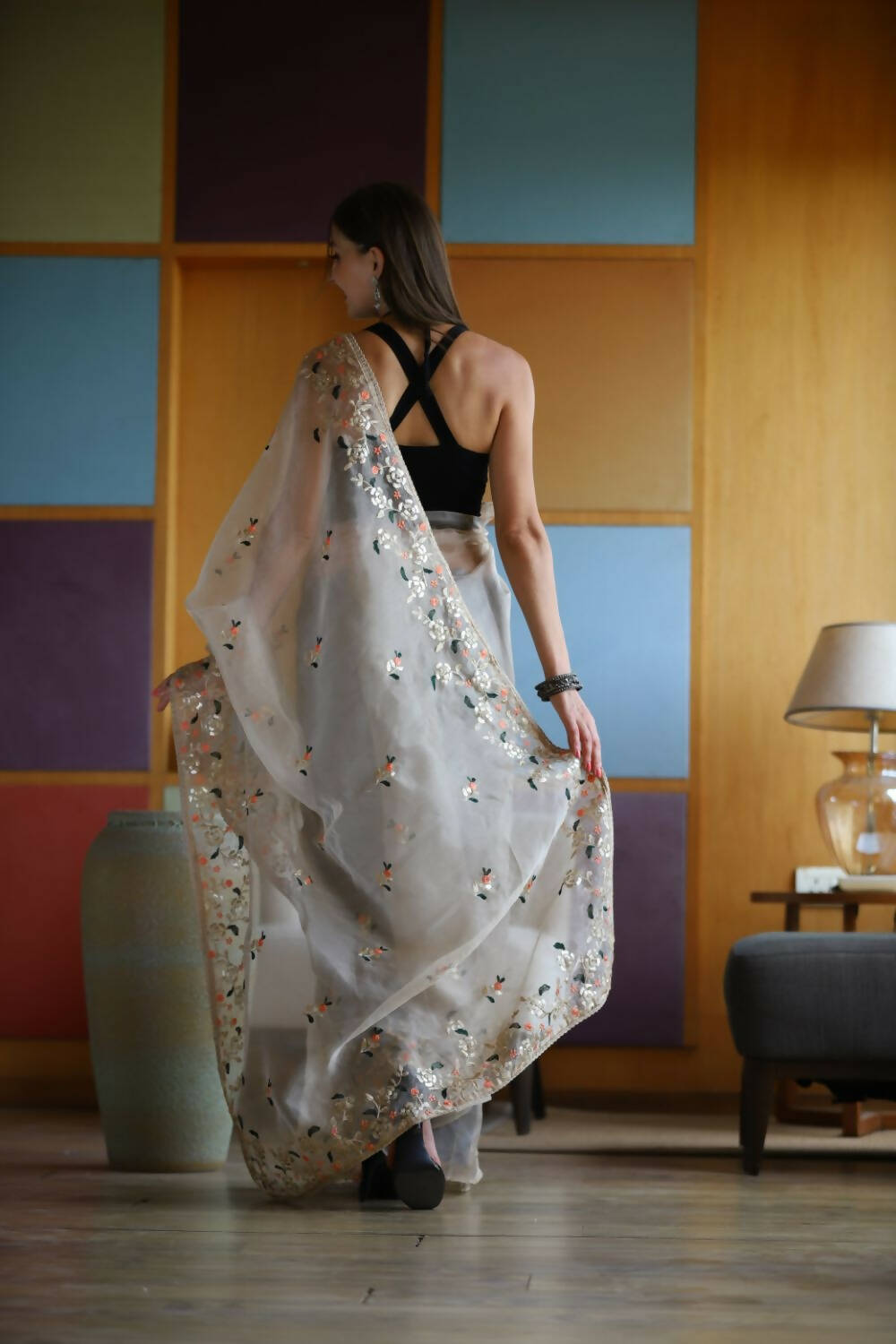 Vamsee White Organza Saree - Swadesiicart
