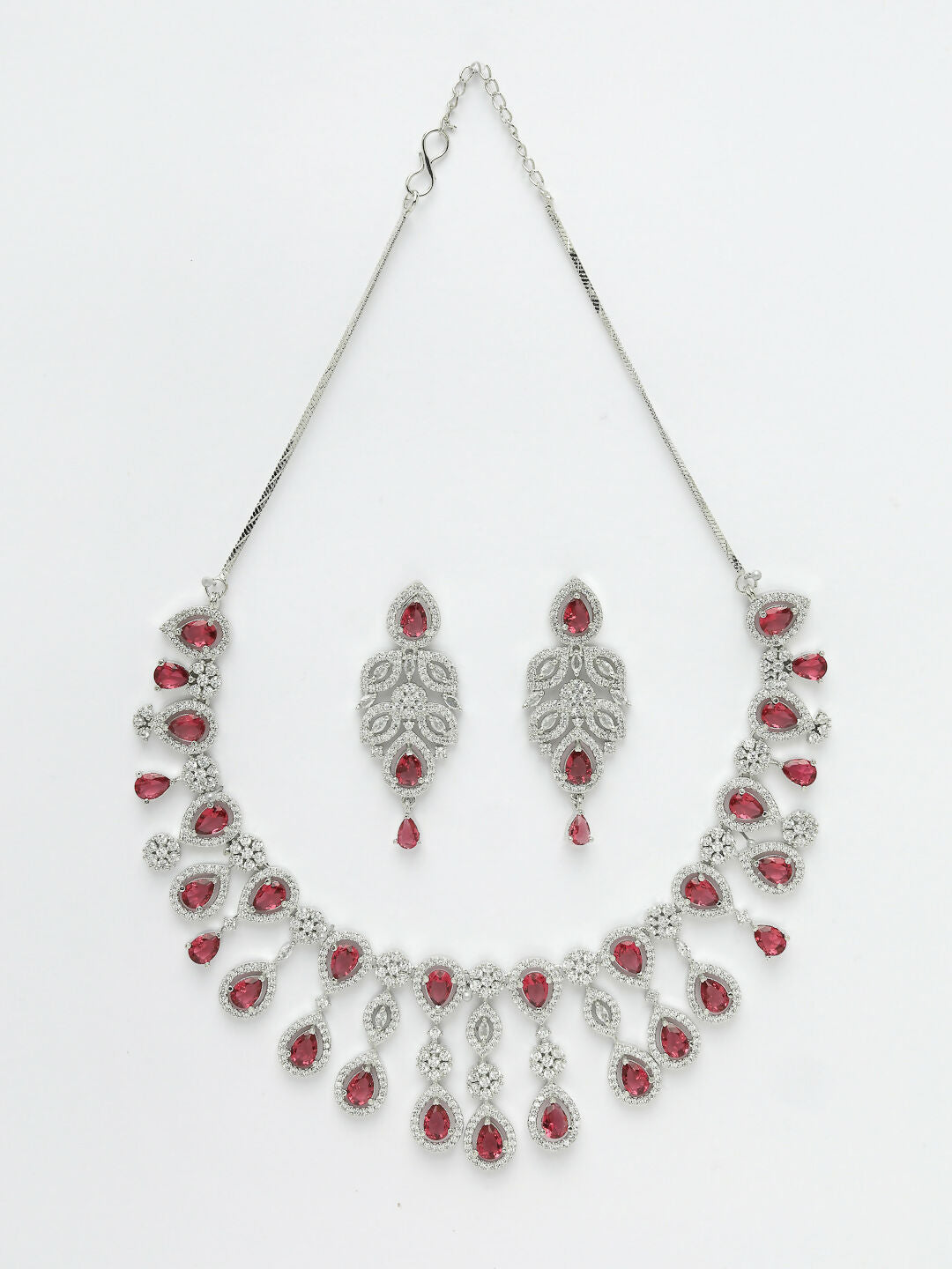 NVR Women's silver plated Maroon CZ stone handcrafted jewellery set - Swadesiicart