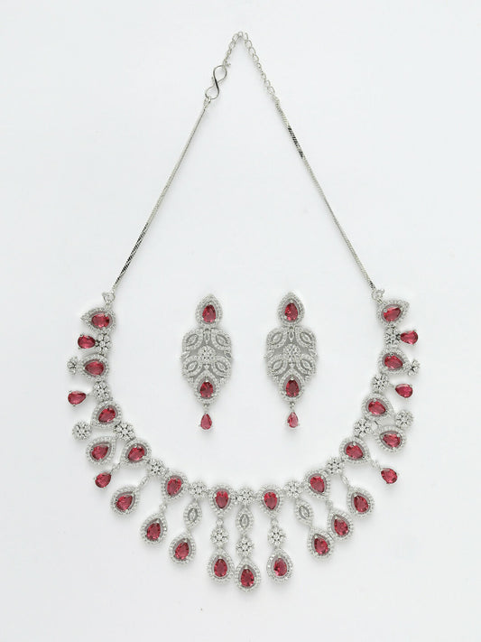 NVR Women's silver plated Maroon CZ stone handcrafted jewellery set - Swadesiicart