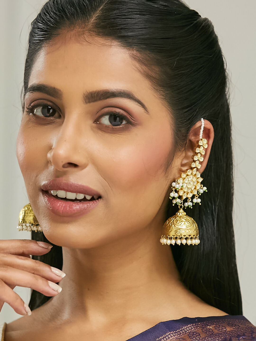 Nuyug 22K Gold-Plated Floral Jhumki Kundan Studded Kanauti Earrings | Swadesiicart