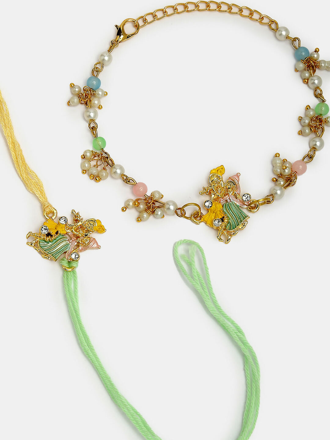 NVR Women & Men Set of 2 Multicolor Gold-Toned Radha Krishna Beaded Bhaiya Bhabhi Rakhi With Roli Chawal | Swadesiicart