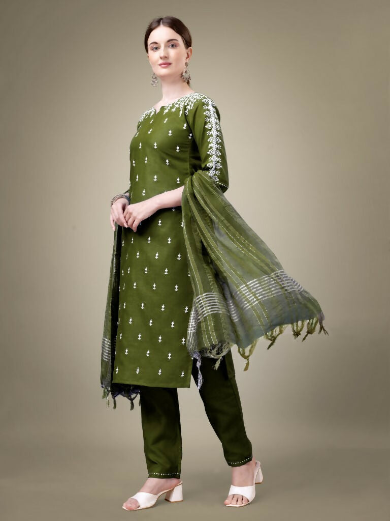Jyoti Fashion Women's Mehendi Cotton Blend Embroidery & Sequence work Kurta with Trouser & Dupatta | Swadesiicart