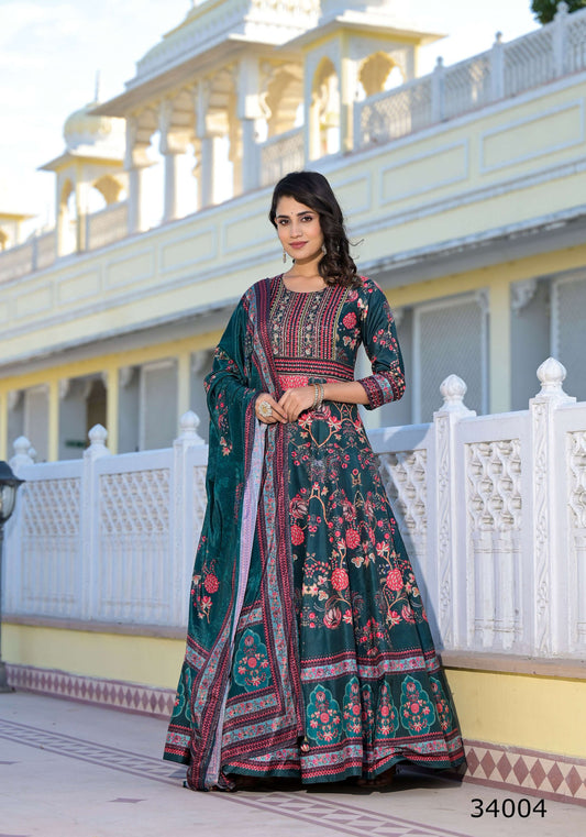 Partywear Designer Green Dola Silk Anarkali suit with Dupatta - Suzen - Swadesiicart