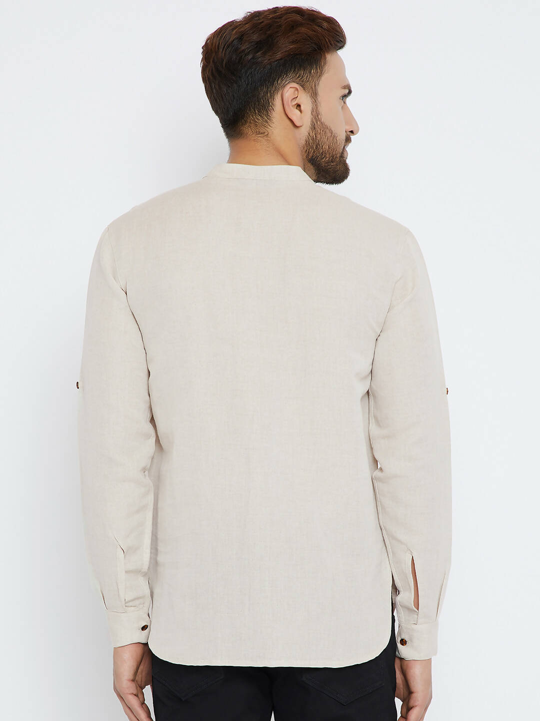 Even Apparels Beige Linen Linen Men's Kurta With Band Collar | Swadesiicart