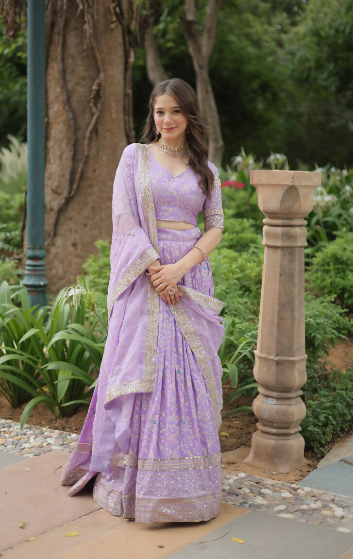 Lorenvalley Lavender Pure Viscose Jacquard with Golden Embroidered Sequins work Lehenga Choli | Swadesiicart