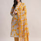 Aavyora Women Yellow Floral Printed Kurta with Striped Pants & Dupatta Set - Swadesiicart