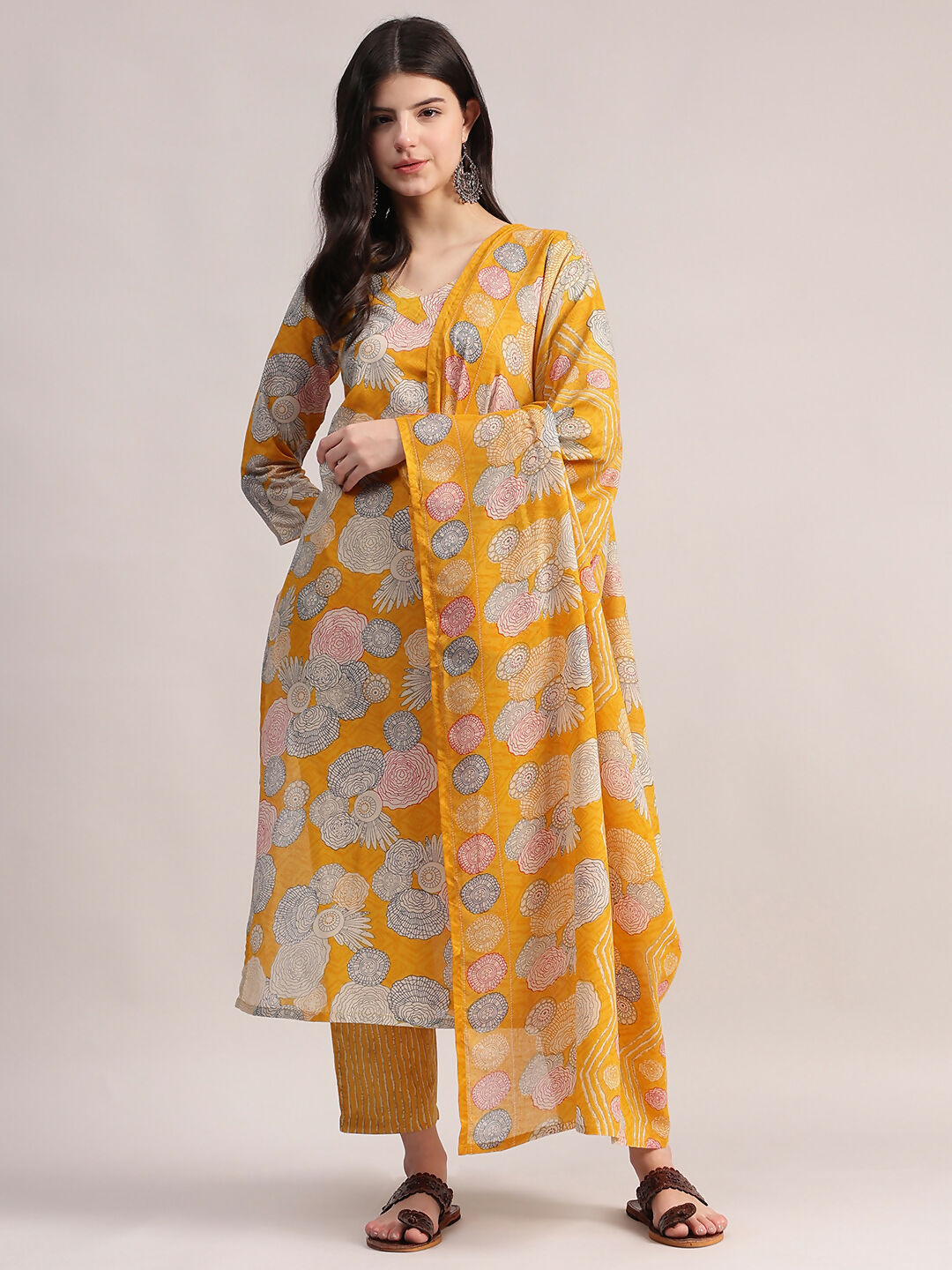 Aavyora Women Yellow Floral Printed Kurta with Striped Pants & Dupatta Set - Swadesiicart