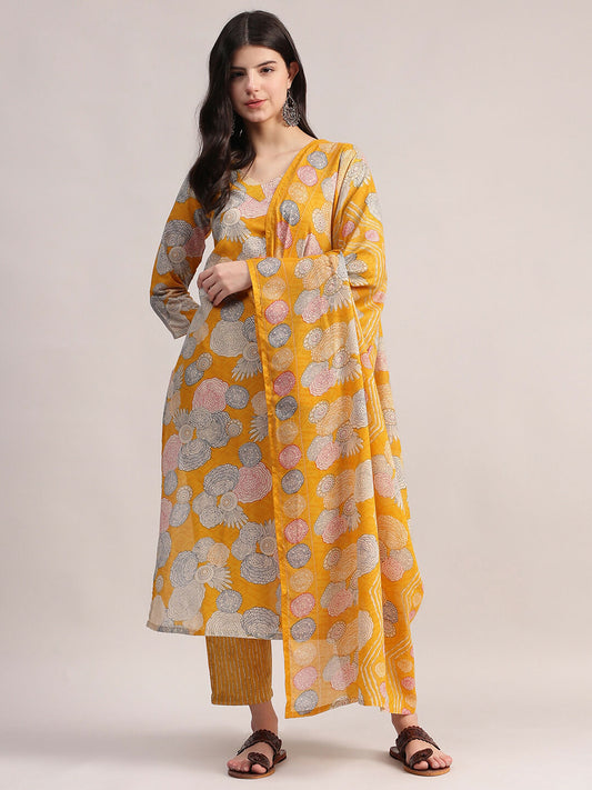 Aavyora Women Yellow Floral Printed Kurta with Striped Pants & Dupatta Set - Swadesiicart