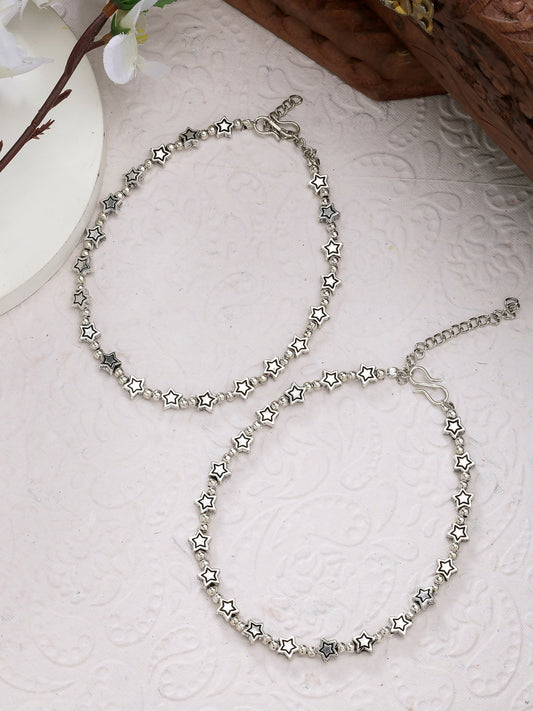 NVR Women's Set of 2 Silver-Plated Star Design Anklets | Swadesiicart