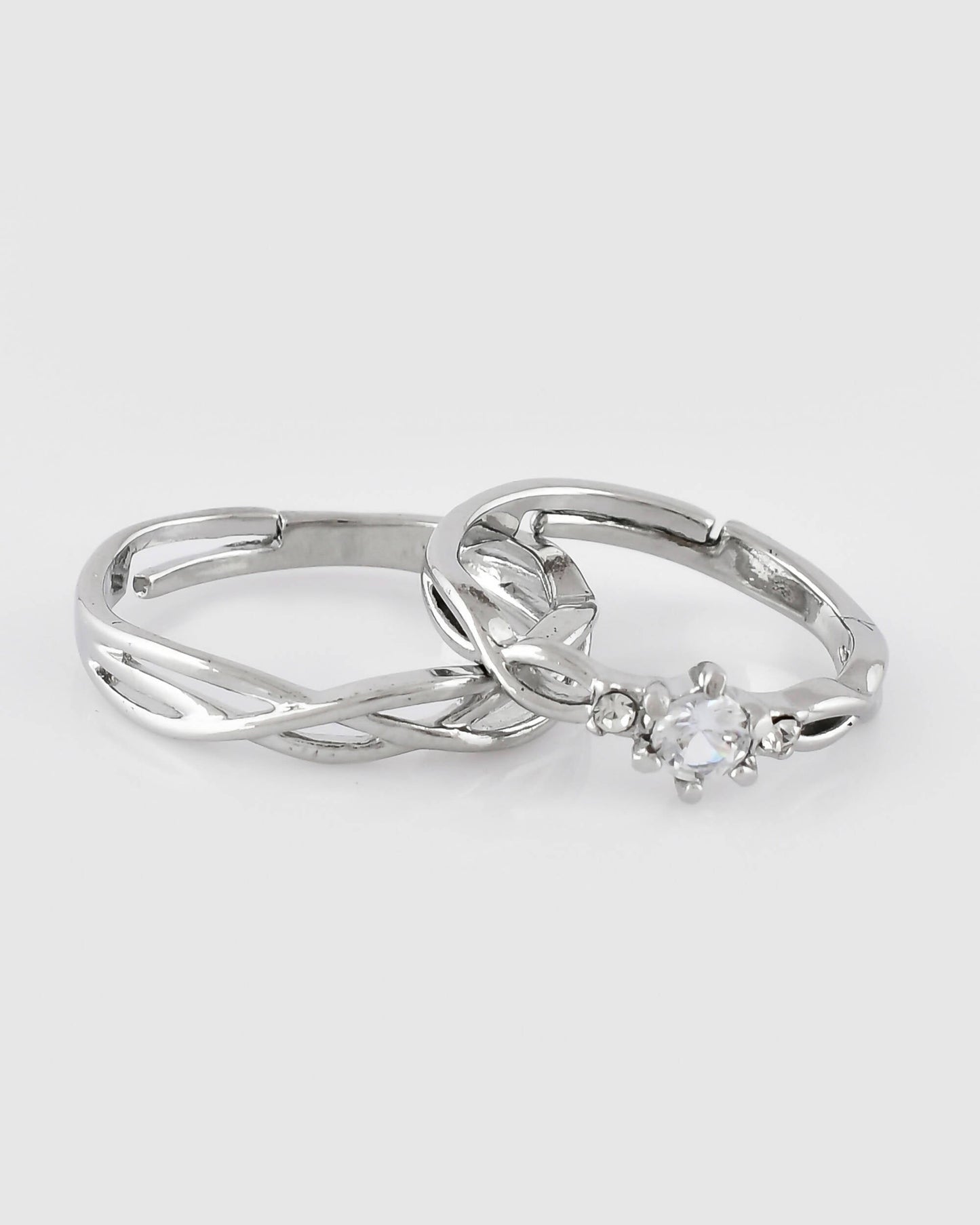 VOJ Stainless Steel Cubic Zirconia Silver Plated Adjustable Ring Set for Couple | Swadesiicart