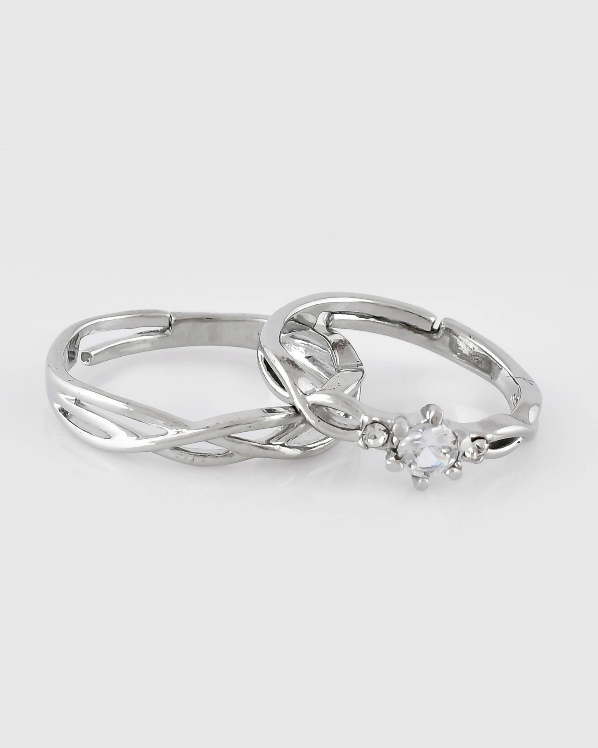 VOJ Stainless Steel Cubic Zirconia Silver Plated Adjustable Ring Set for Couple | Swadesiicart