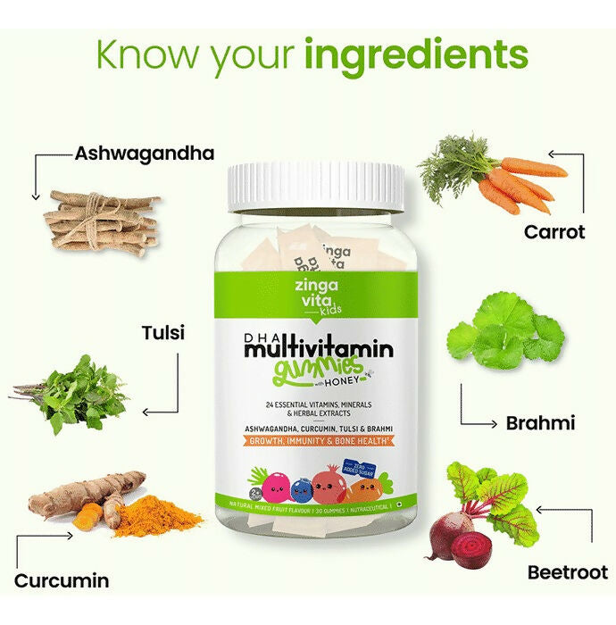 Zingavita DHA Multivitamin Gummies with Honey for Kids (2+ yrs) - Mixed Fruit | Swadesiicart