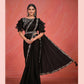 Black Crepe Silk Satin Cord & Sequence Embroidery with Stone & Moti Work Saree With Stitched Blouse - Mohmanthan Elegancia