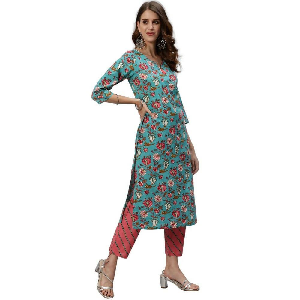 Anubhutee Women's Cotton Regular Floral Printed Green Kurta Set | Swadesiicart