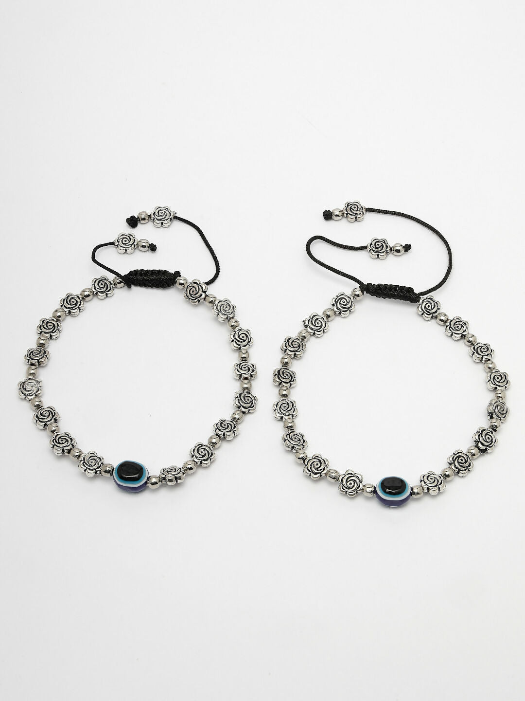 NVR Women's Evil Eye Black Silver Plated Adjustable Anklets | Swadesiicart