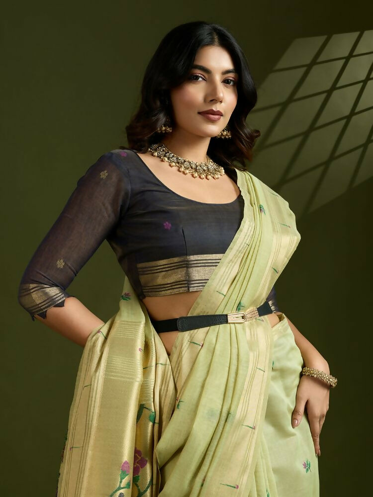 Vishnu Weaves Women's Pista Muga Cotton Thread Woven Butti with Blouse - Swadesiicart