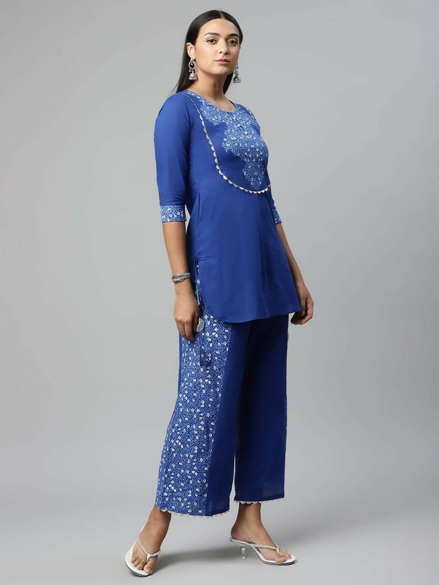Ahalyaa Womens Royal Blue Pure Cotton Printed Tunic Palazzo Set | Swadesiicart