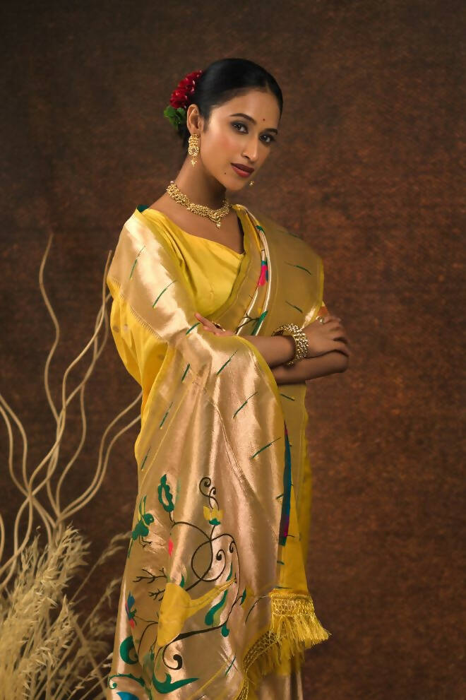Vishnu Weaves Women's Yellow Paithani Silk Zari Woven Saree with Unstitched Blouse - Swadesiicart