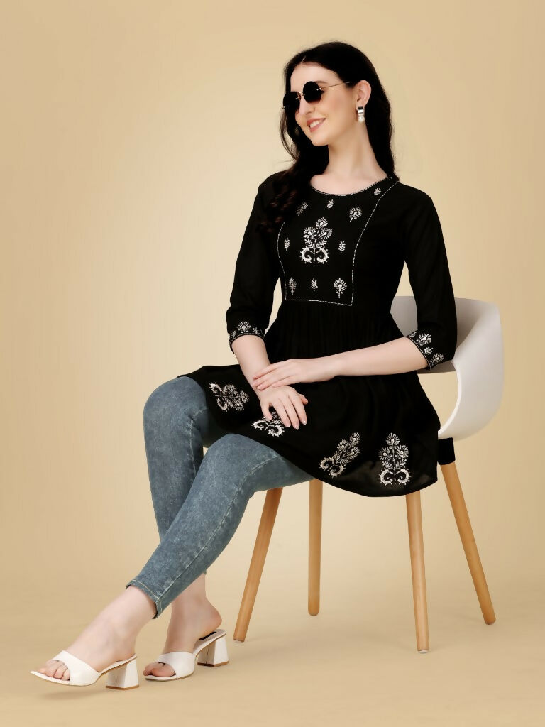 Jyoti Fashion Women's Black Viscose Rayon Embroidered Casual Top | Swadesiicart