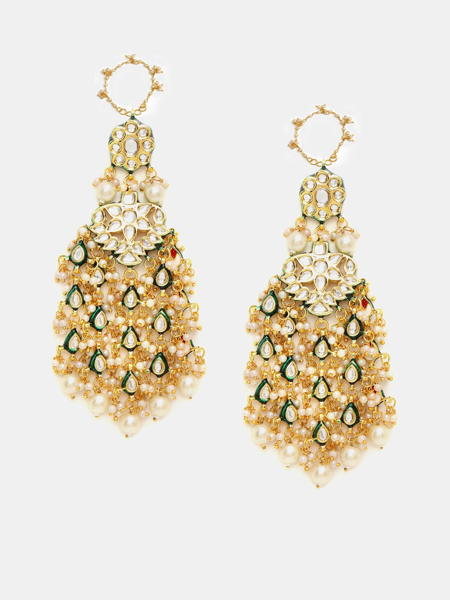 Ruby Raang 22k Gold Polished Kundan Chand Earrings With Ear Chains | Swadesiicart