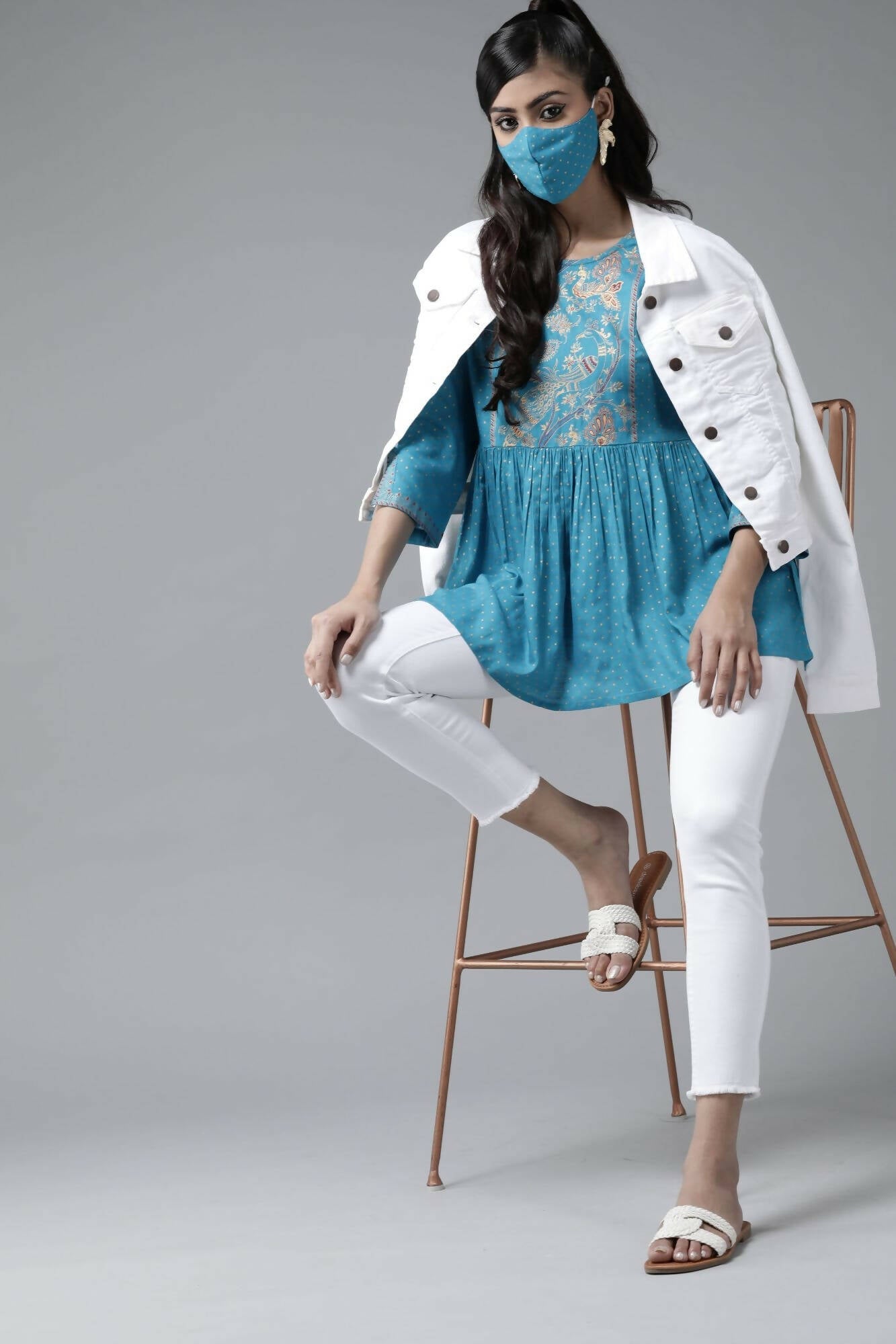 Juniper Women Skyblue Rayon Slub Polka Print Peplum Tunic | Swadesiicart