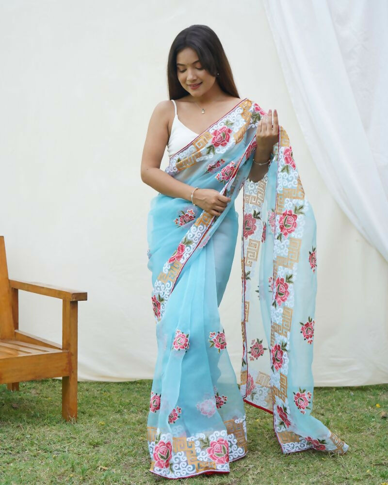 Vamsee Nagma Sky Organza Saree - Swadesiicart